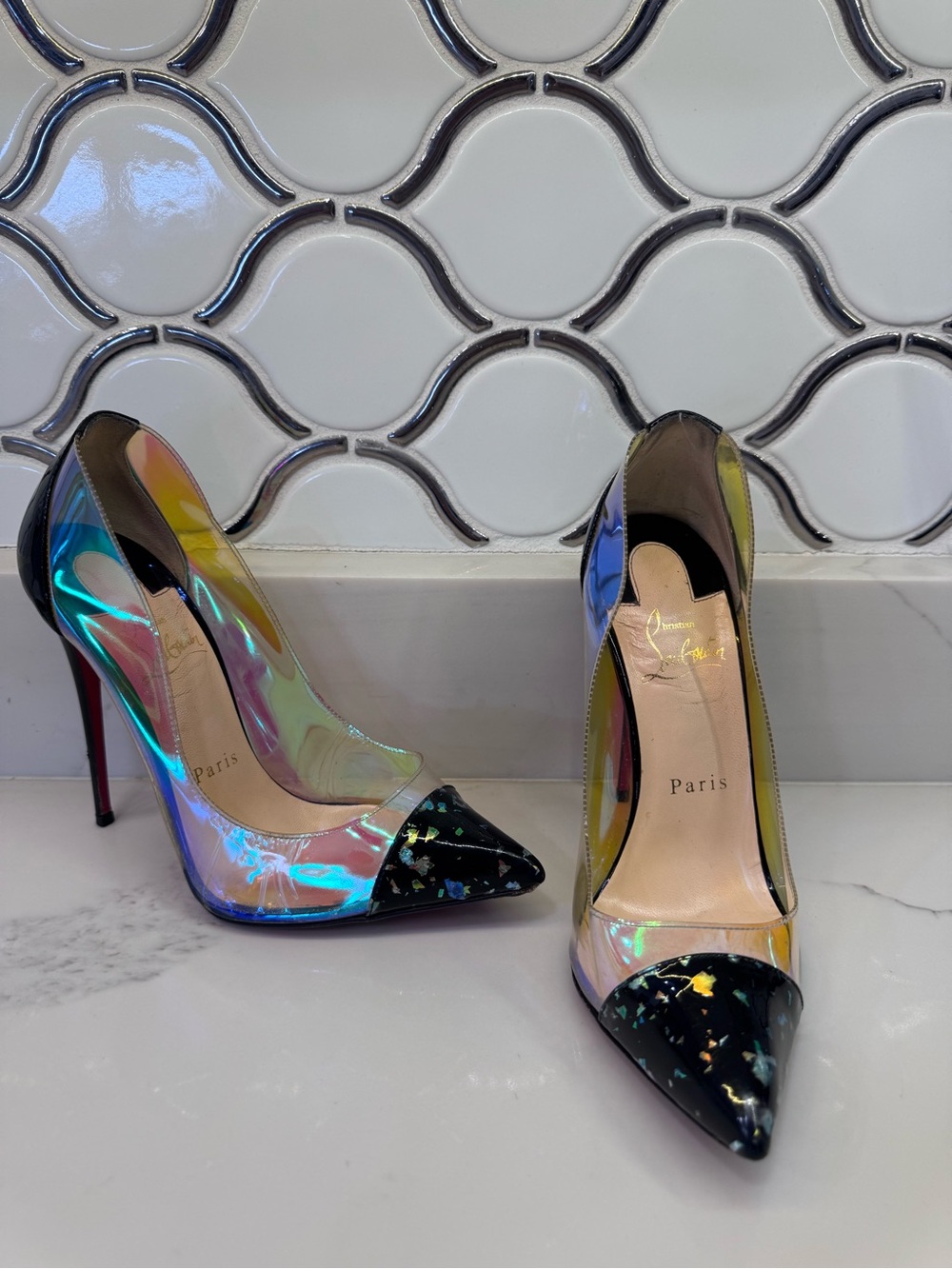 Christian Louboutin Iridescent Clear Pumps with Black Marbled Pointed Toe